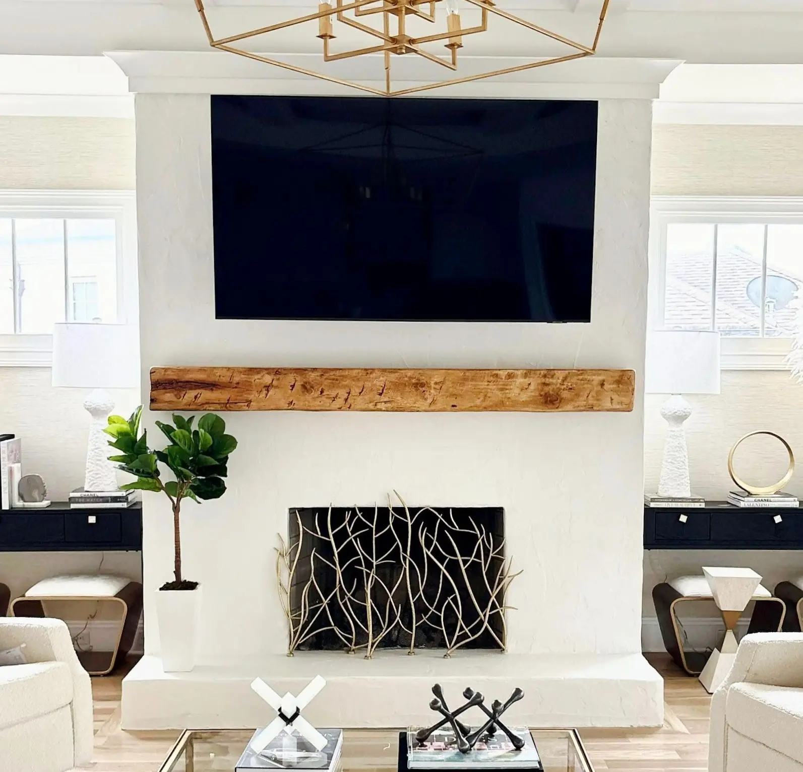 Handcrafted rustic wood mantel with hewn finish