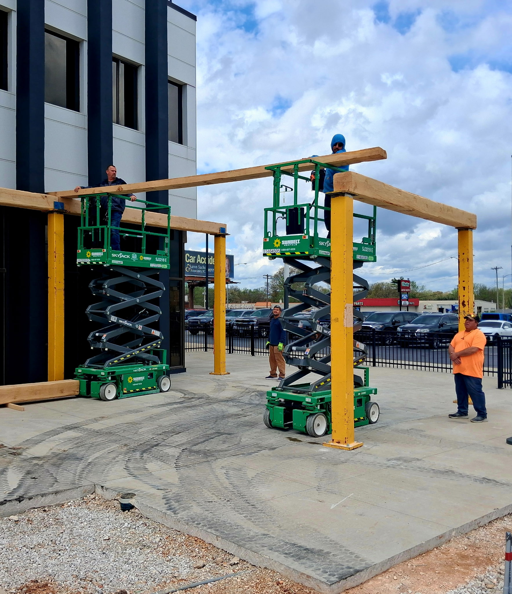 Hand-hewn beams in commercial space