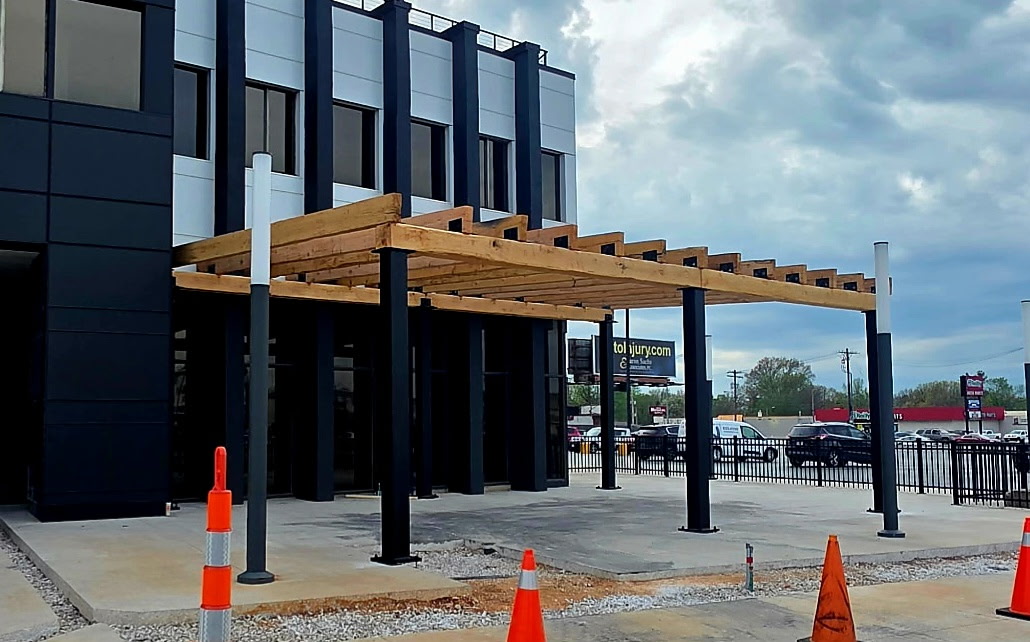 Architectural beams in a restaurant build-out