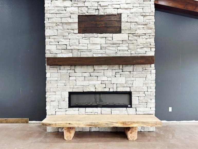 Classic handhewn white oak mantel in a rich brown finish