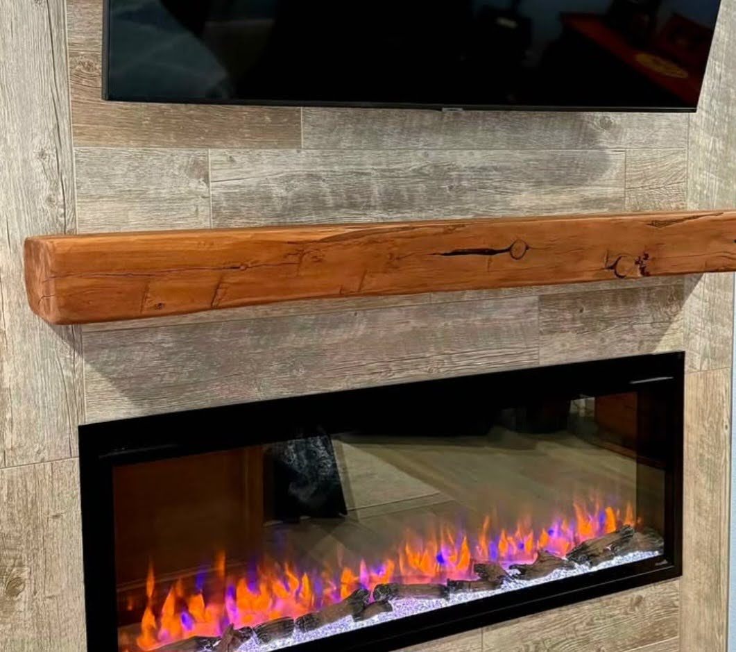 Modern farmhouse handhewn mantel in cedar with caramel finish